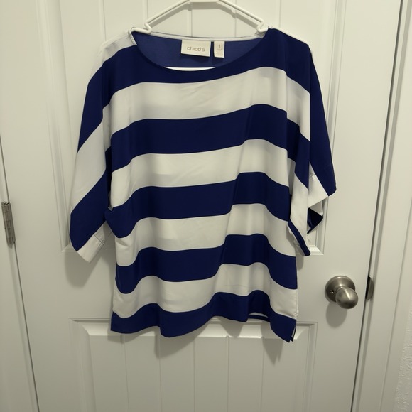 Chico's Tops - Chicos Women's White Royal Blue Thick Stripe Blouse Size 1‎
